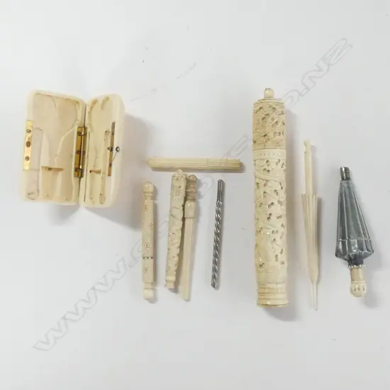 Assorted mostly bone needle cases plus an empty ivory sewing set case.